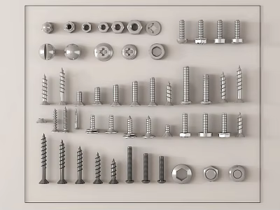 Various Metal Screws Nuts And Bolts Display On White Background 3d model