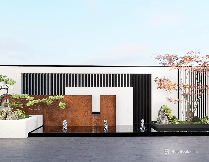 Modern Landscape Wall Design With Black White Stripes Brown Panel Water Feature And Pine Tree 3d model 