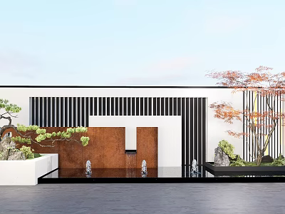 Modern Landscape Wall Design With Black White Stripes Brown Panel Water Feature And Pine Tree 3d model