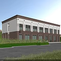 Modern Two Story Office Building With White Brown Exterior Landscaped Greenery And Paved Driveway