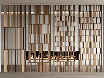 Modern Wooden Room Divider With Slatted Design In Interior Behind Fireplace 3d model