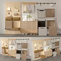 Modern Home Decor Setting With Wooden Stool Storage Cabinets And Hanging Racks