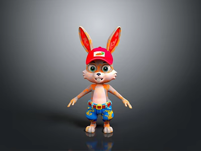 Cartoon Rabbit Character With Red Cap And Blue Patterned Shorts Standing In Dark Background 3d model