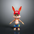 Cartoon Rabbit Character With Red Cap And Blue Patterned Shorts Standing In Dark Background 3d model