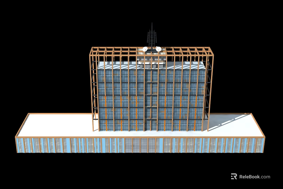 Multi Story Building Framework With Glass Curtain Walls Base Structure And Spire Top 3d model 