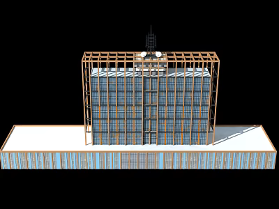 Multi Story Building Framework With Glass Curtain Walls Base Structure And Spire Top 3d model