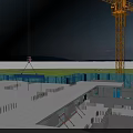 Construction Site Worker In Yellow Hard Hat Working On Concrete Wall With Blue Safety Barriers
