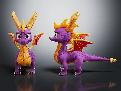 Two Purple Cartoon Dragon Figures With Yellow Horns Mane And Red Wings 3d model