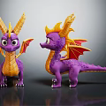 Two Purple Cartoon Dragon Figures With Yellow Horns Mane And Red Wings