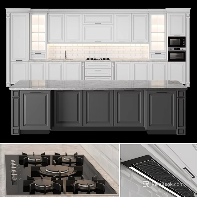 Modern Kitchen Interior Design With White Cabinets And Marble Island Counter 3d model 