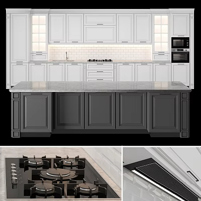 Modern Kitchen Interior Design With White Cabinets And Marble Island Counter 3d model