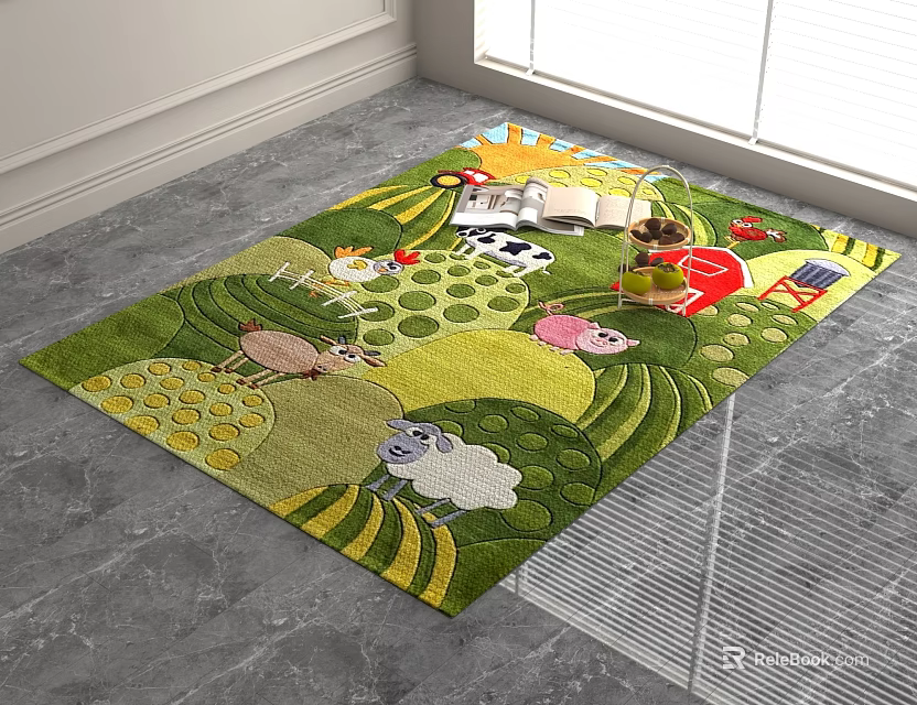 Square Rug Featuring Colorful Cartoon Animal and Fruit Patterns on Vibrant Green Background 3d model 