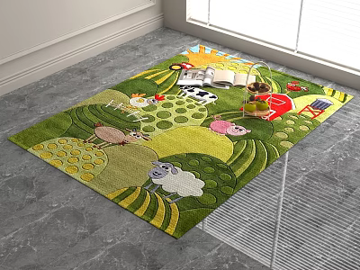 Square Rug Featuring Colorful Cartoon Animal and Fruit Patterns on Vibrant Green Background 3d model