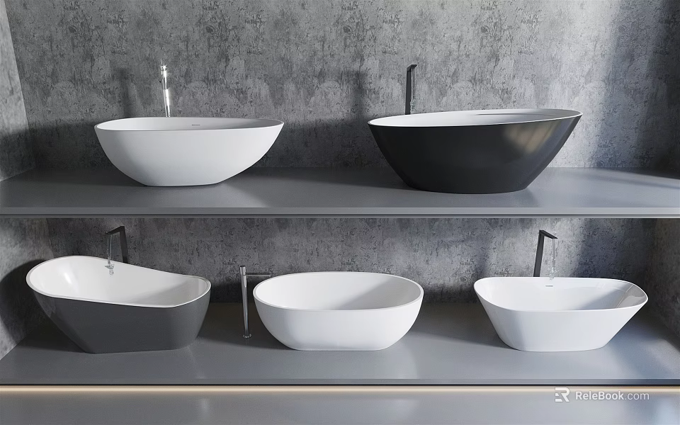 Different Colored Bathtubs On Multiple Shelves With Faucets Against Gray Wall Background 3d model 