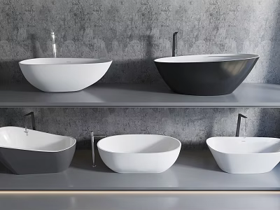 Different Colored Bathtubs On Multiple Shelves With Faucets Against Gray Wall Background 3d model