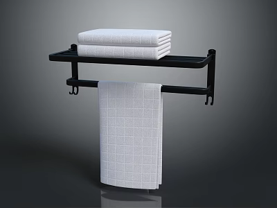 Modern Bathroom Black Towel Rack With Folded And Hanging White Towels 3d model