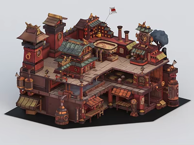 Cartoon Traditional Chinese Architecture Scene With Multi layered Pagoda Roofs Tower Flag And Chimney 3d model