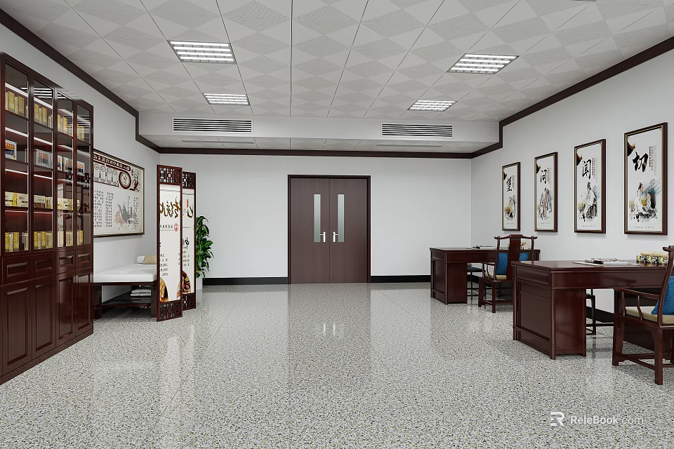 Traditional Office Interior With Dark Wooden Furniture Wall Paintings And Terrazzo Floor 3d model 