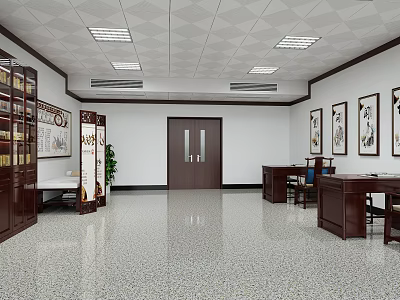 Traditional Office Interior With Dark Wooden Furniture Wall Paintings And Terrazzo Floor 3d model