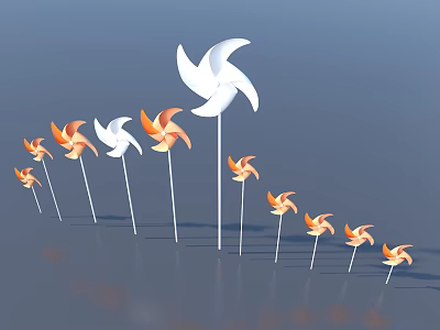White And Orange Windmills In Various Sizes Arranged Against Blue Background 3d model