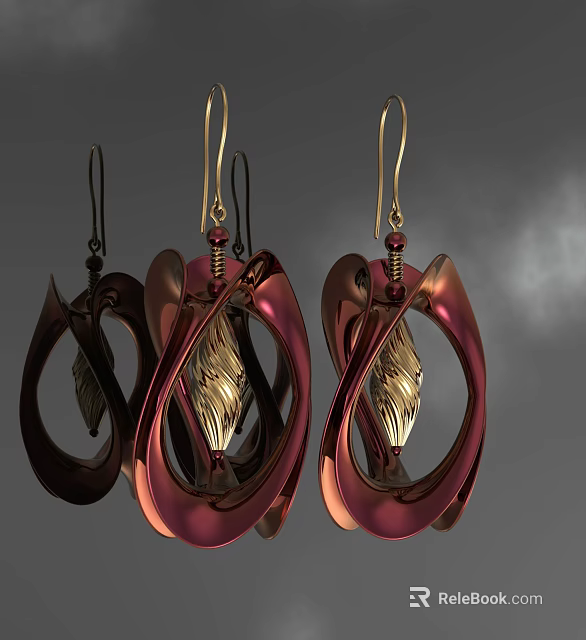Stylish Red Gold Curved Drop Earrings With Shiny Metallic Design For Women 3d model 