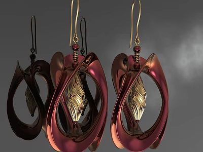 Stylish Red Gold Curved Drop Earrings With Shiny Metallic Design For Women 3d model