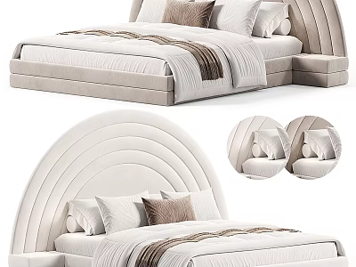 Modern Upholstered Double Bed With Arched Headboard And Soft Pillows Blanket 3d model
