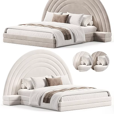 Modern Upholstered Double Bed With Arched Headboard And Soft Pillows Blanket 3d model