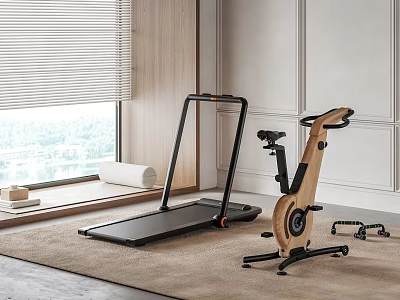 Home Gym Equipment With Treadmill Exercise Bike Resistance Bands And Wooden Design Elements 3d model