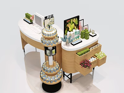 Curved Display Shelves With Multi Tiered Racks Cosmetics Screen And Flower Bouquets In Drawers 3d model