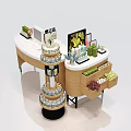 Curved Display Shelves With Multi Tiered Racks Cosmetics Screen And Flower Bouquets In Drawers