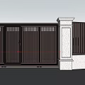 Stylish Entry Gate With Dark Wooden Design White Pillars And Fence Under Blue Sky