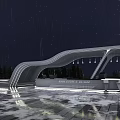 Modern Curved Pergola With Rainy Night Lighting Bar Counter And Wet Floor