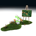 Artistic Setup with Easel Painting Paint Tubes Brushes on Green Grass and Small Flowers