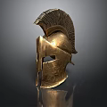 Golden Ancient Greek Helmet Featuring Decorative Plume And Reflection On Black Background