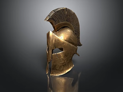 Golden Ancient Greek Helmet Featuring Decorative Plume And Reflection On Black Background 3d model