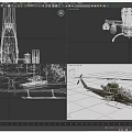 Military Helicopter With Rotors And Machine Gun On Gray Background
