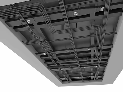 Exposed Ceiling Structure Under Construction With Metal Framing Pipes And Wiring 3d model