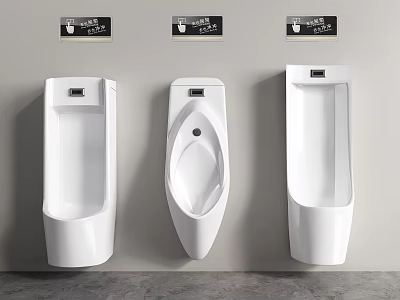 Three Modern Wall Mounted Urinals with Flush Panels in Public Restroom 3d model
