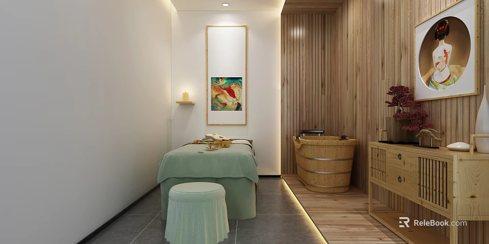 Serene SPA Sauna Room Interior With Massage Bed And Wooden Barrel Bathtub 3d model 