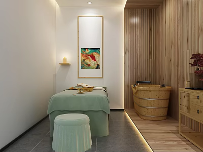 Serene SPA Sauna Room Interior With Massage Bed And Wooden Barrel Bathtub 3d model