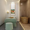 Serene SPA Sauna Room Interior With Massage Bed And Wooden Barrel Bathtub