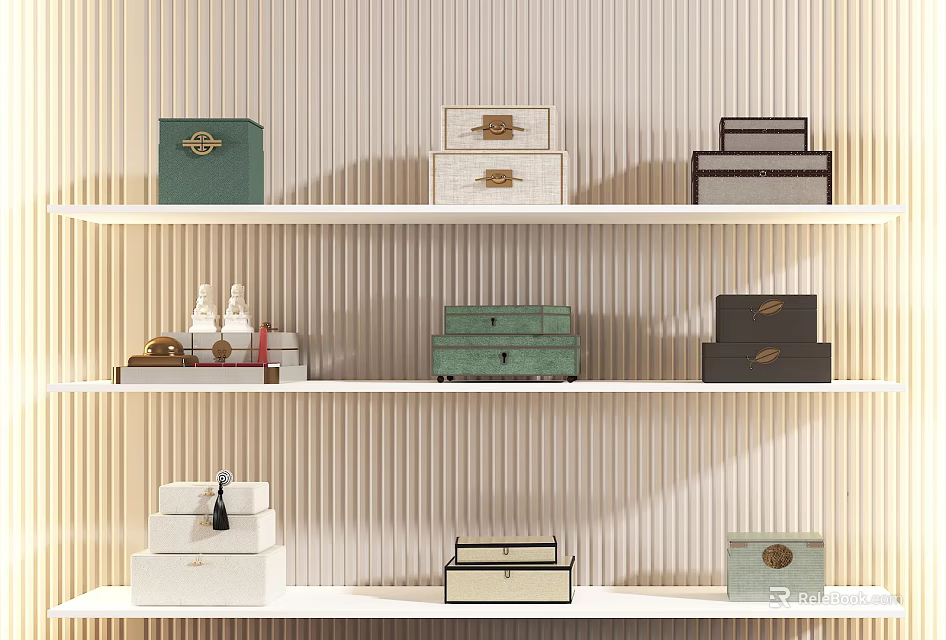 Stylish Various Colored Storage Boxes On Wall Shelves With Small Decorative Containers 3d model 