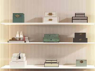 Stylish Various Colored Storage Boxes On Wall Shelves With Small Decorative Containers 3d model