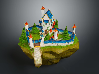 Cartoon Scene of Floating Island with Castle Towers Green Trees and Pathway 3d model