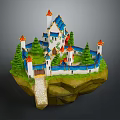Cartoon Scene of Floating Island with Castle Towers Green Trees and Pathway