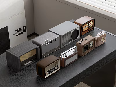 Multiple Vintage Entertainment Appliances Radios On Black Table With Various Colors And Designs 3d model