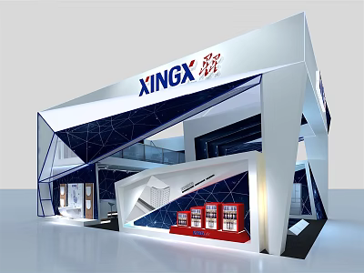 Modern XINGX Exhibition Booth With Geometric Structure Multi level Design And Red Display Cabinets 3d model