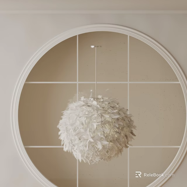 Elegant White Feather Spherical Chandelier Hanging In Circular Framed Wall Decor 3d model