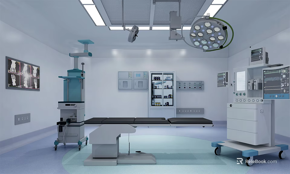 Modern Operating Room Interior With Surgical Lights Operating Table And Medical Equipment 3d model 